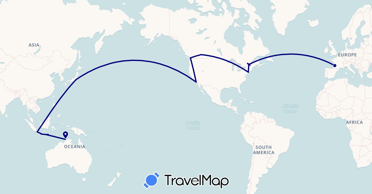 TravelMap itinerary: driving in Australia, Canada, France, Indonesia, Japan, United States (Asia, Europe, North America, Oceania)